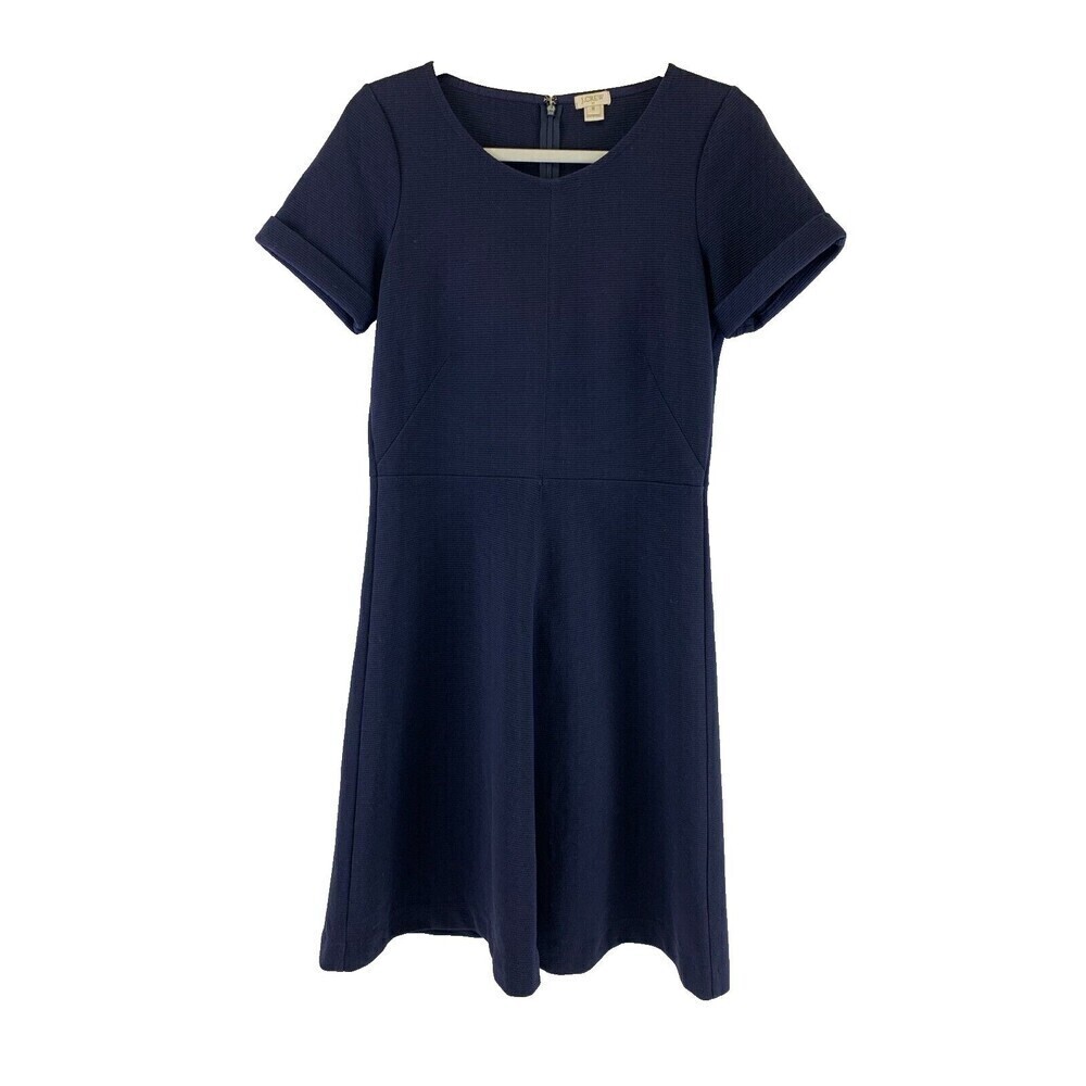 J Crew Ribbed Fit Flare Dress Navy Blue Cuffed Short Sleeve Ponte A0117 Womens 8